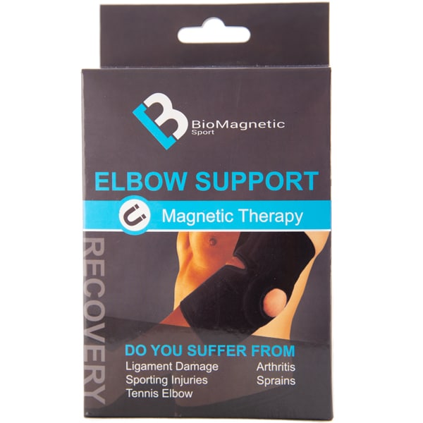 The Bio magnetic Elbow Support's packaging, the packaging shows an image of the product being worn along with possible ailments that could benefit from a magnetic elbow support. Such as ligament damage, sporting injuries, tennis elbow, arthritis, sprains.