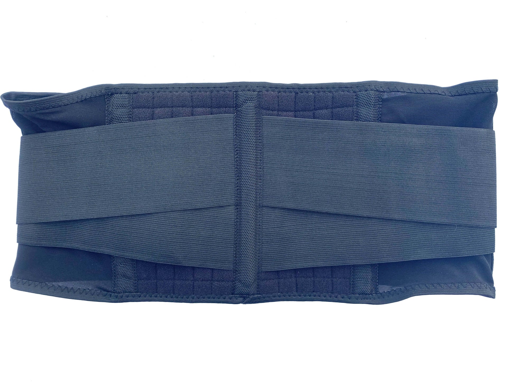 The Bio magnetic Back Support laying flat but viewed from the back, showing the double elastic bands that attatch at the back of the magnetic back support for further support while wearing. You can also see the section of the support that has the embedded therapeutic magnets.
