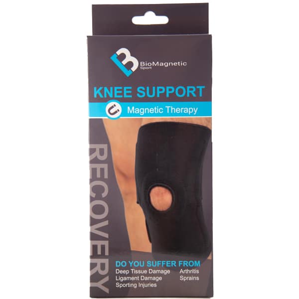 The Bio Magnetic Knee Support 2019 Packaging. The packaging features a photo of the black magnetic knee support and lists possible ailments that the knee support might help with such as arthritis, sprains, ACL recovery, ligament damage, knee surgery recovery.