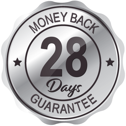 BioMagnetic Australia's 28 Day Money Back Policy Badge in silver with the words Money back Guarantee and 28 days in the centre. It is a seal to show the stamp of confidence for the BioMagnetic Brand.
