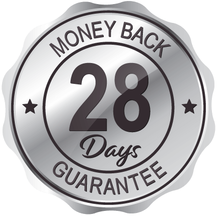 BioMagnetic Australia's 28 Day Money Back Policy Badge in silver with the words Money back Guarantee and 28 days in the centre. It is a seal to show the stamp of confidence for the BioMagnetic Brand. 