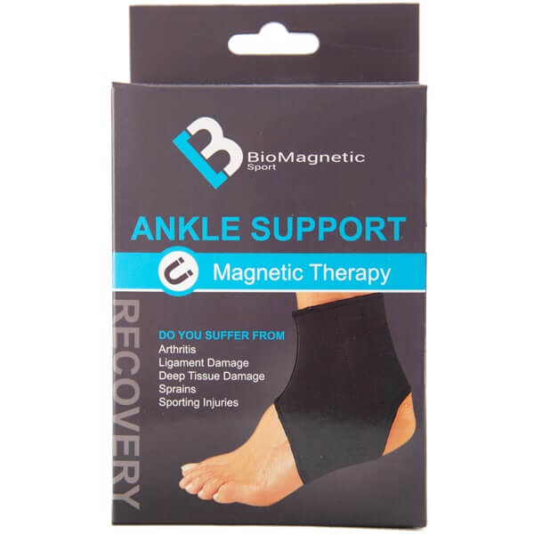 Bio Magnetic Ankle Support packaging that features the black ankle support and lists the possible ailments it can help with, such as: arthritis, ligament damage, deep tissue damage, sprains, sporting injuries. 