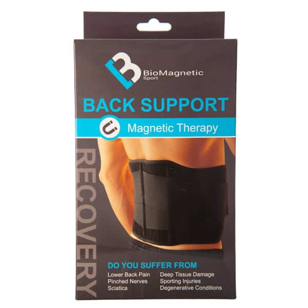 The Bio Magnetic Back Support packaging 2019. The packaging features the magnetic back support being worn as well as lists different ailments the Magnetic Back Support might help with, such as Lower Back Pain, Pinched Nerves, Sciatica, Deep Tissue Damage, Chronic pain, back injuries, degenerative back conditions. 