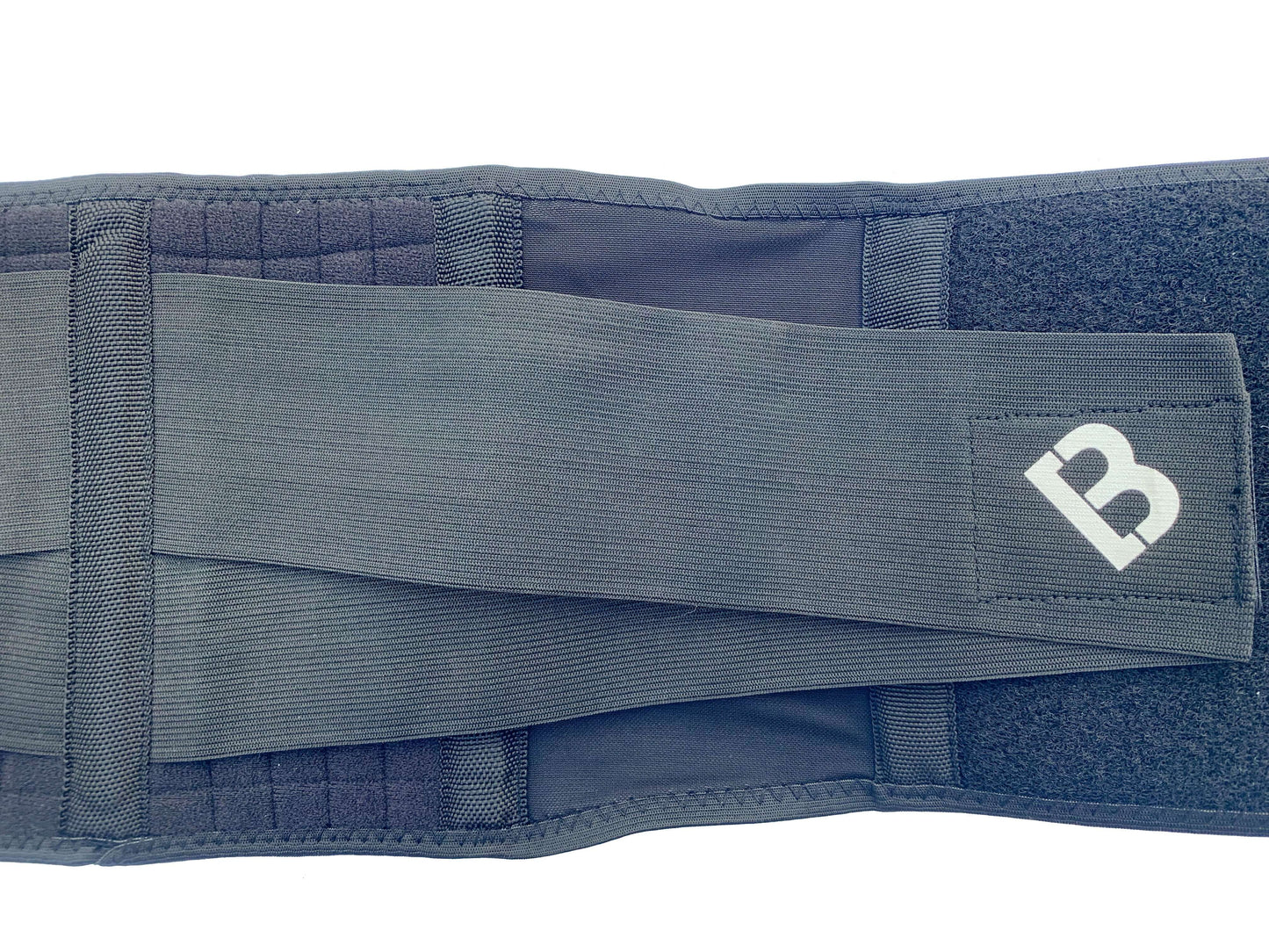 A close up of the Bio Magnetic Back Supports double elastic closure that features the Bio Magnetic Logo and shows the high quality stays that are included in the Bio magnetic Back Support. 