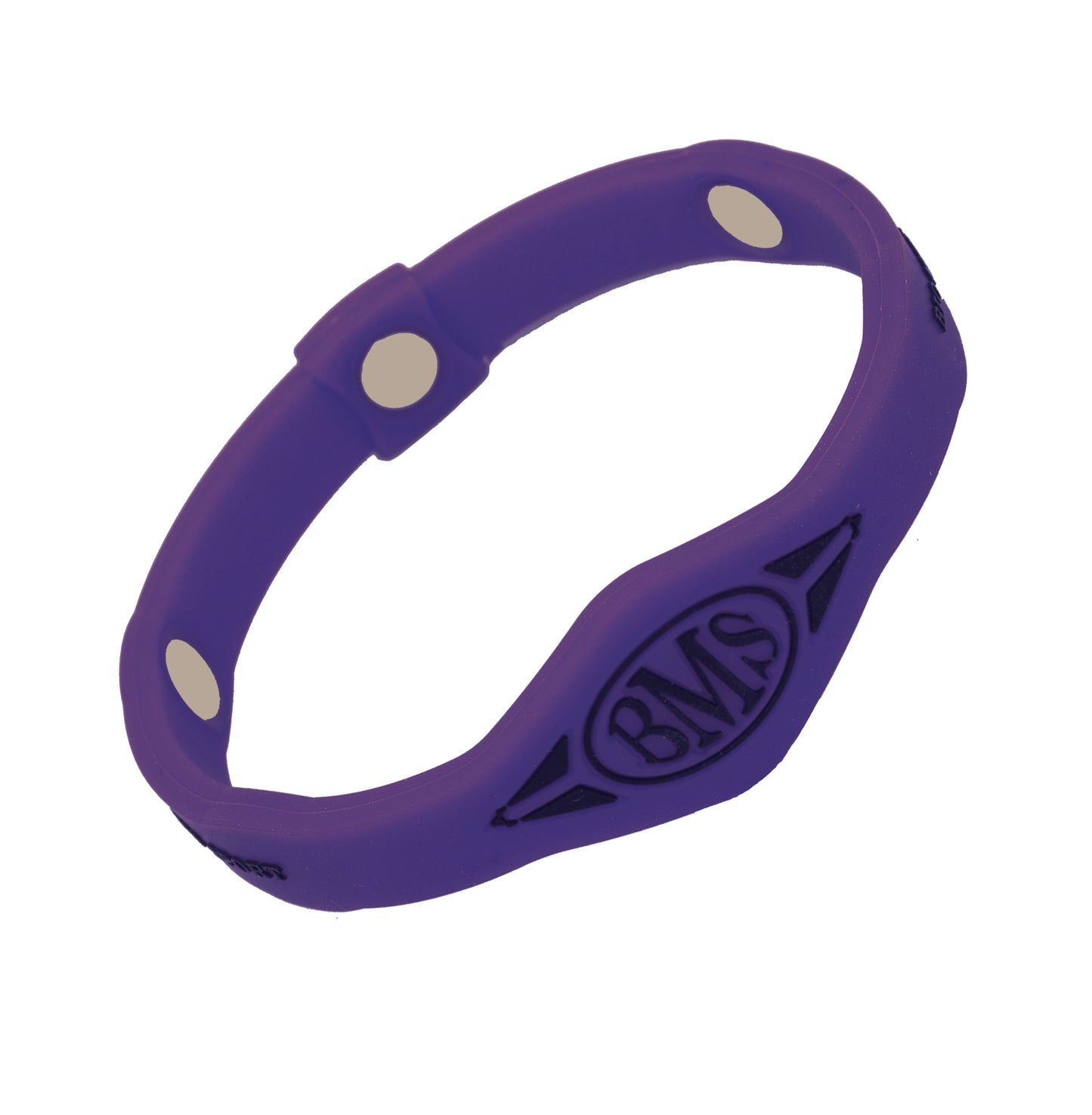 The Bio Magnetic Bracelet in purple, featuring a BMS symbol in Black at the front and 3 of the 6 total therapeutic magnets are visible.