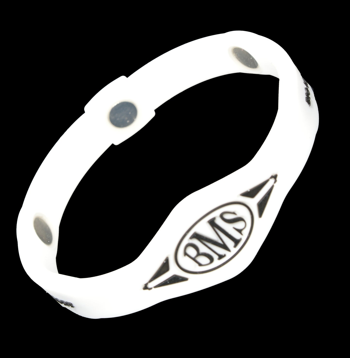 The Bio Magnetic Bracelet in white, featuring a BMS symbol in black at the front and 3 of the 6 total therapeutic magnets are visible.