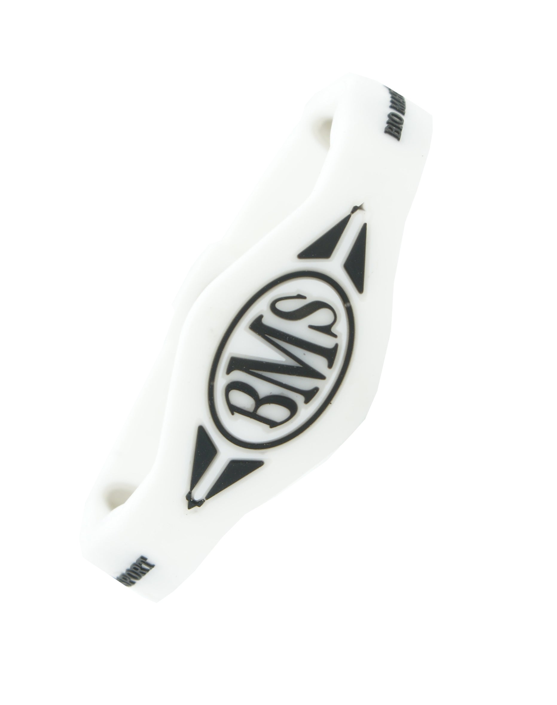 The Bio Magnetic Bracelet in white with a white background. The BMS symbol is very visible and stark black against the white background. 